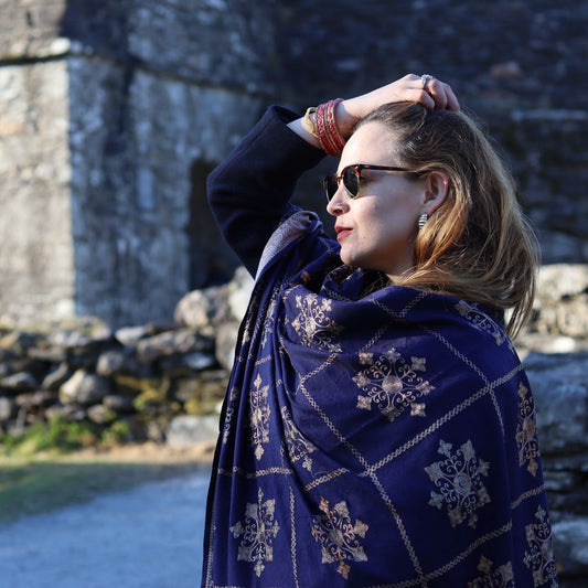 Shawl Cashmere Blue/Golden